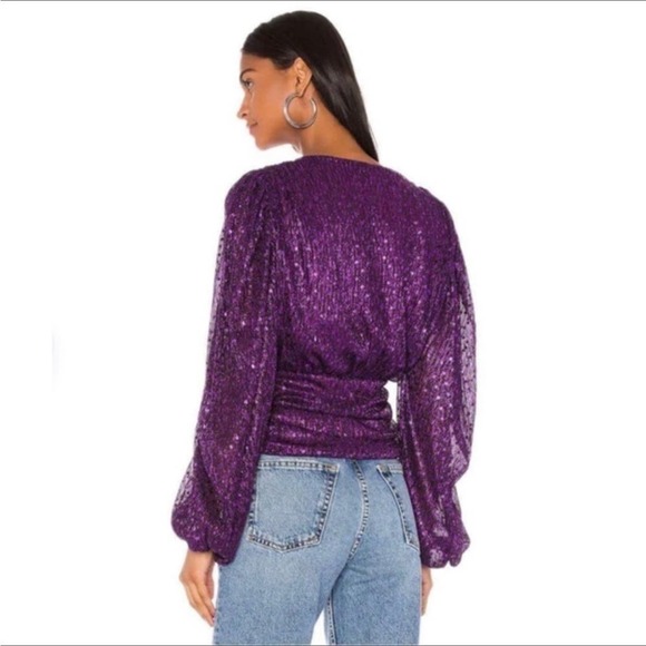 For Love and Lemons La Villette Purple Sparkle Deep V Shimmer Top Shirt Blouse - Picture 2 of 5